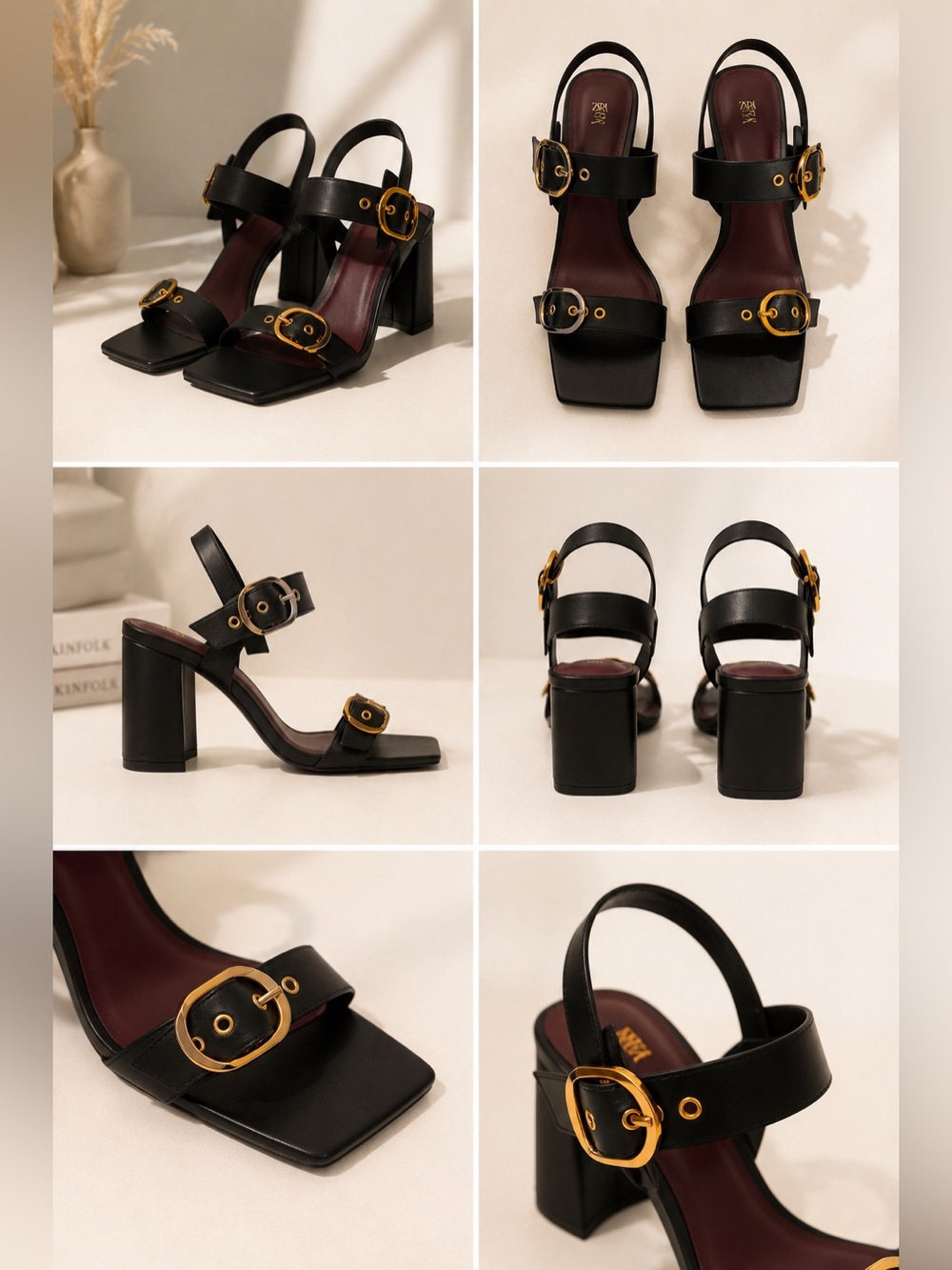 Zara Black Block Heel Sandals with Gold Buckles